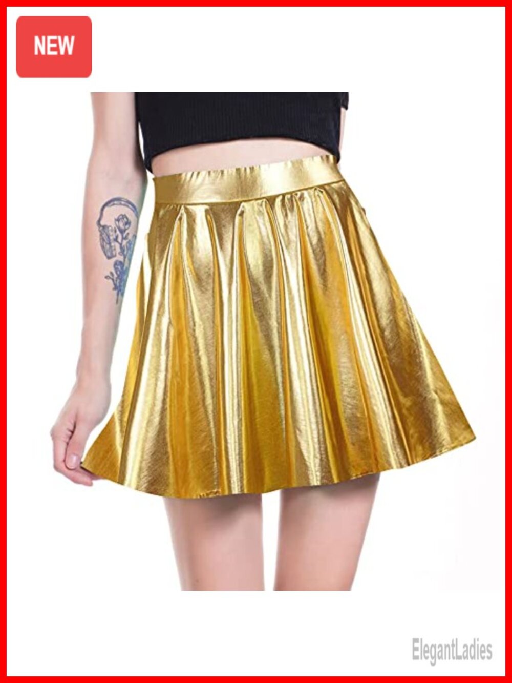 Shiny Metallic Holographic Pleated Mini Skater Skirt High Waist Costume